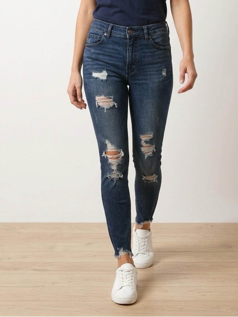 Express Distressed Dark Blue Ankle High Rise Jeans